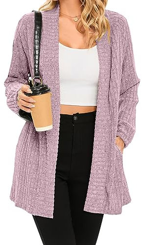 iChunhua Womens Lightweight Open Front Coat Knit Loose Cardigan Sweater Long Sleeve with Pockets Pink Medium