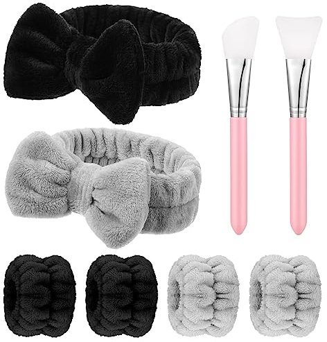 6 Pièces Bandeaux Maquillage Bracelets Lavage Visage, Bowknot Bandeau de Spa Femme Headband Douche, Élastique Bandeau Soin avec Pinceau Masque Visage Silicone