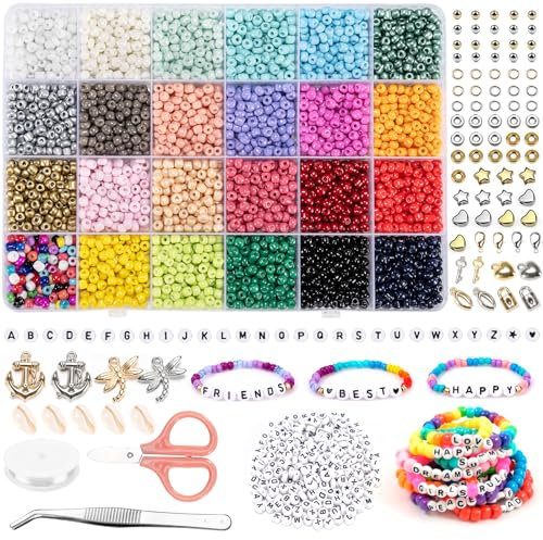 Abalorios para hacer pulseras kit, 4000+ 4mm cuentas para pulseras multicolor, 300 cuentas de letras, set de cuentas con cordones elásticos y tijeras para Navidad niños adultos cumpleaños