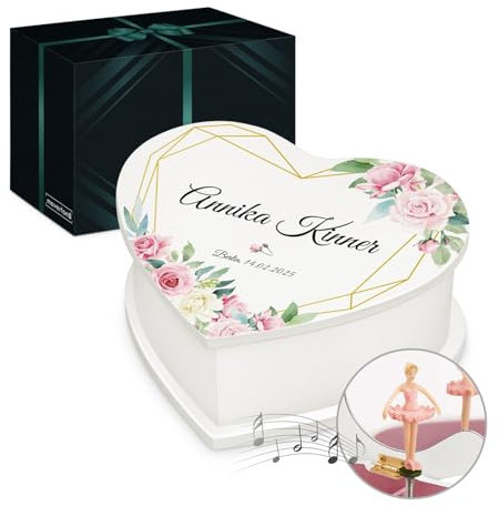 Maverton personalisierte Musikschmuckdose in Herzform mit Aufzieh-Spieluhr - Schmuckkästchen Ballerina Spieldose - Herz Schmuckkiste für Mädchen zur Taufe Erstkommunion - zu Weihnachten - Blumen