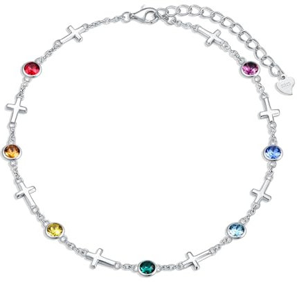 AOBOCO Fußkettchen Sterling Silber 925 Damen Perlen Fusskettchen mit Kristalle 28 cm (Kreuzen)