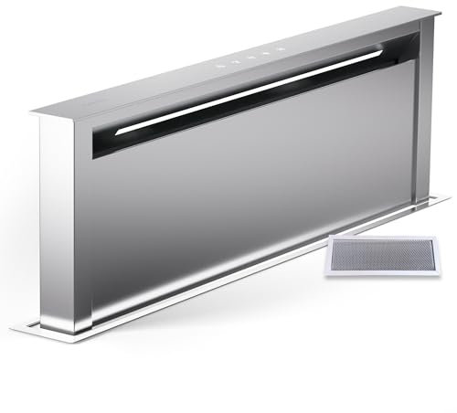 Klarstein Hotte Aspirante 90 cm, Hottes de Cuisine 2 en 1 à Aspiration Descendante, Débit d'Air de 576 m³/h, Modes de Ventilation, Eclairage LED, Tactile, Hotte Aspirante de Cuisine Silencieuse