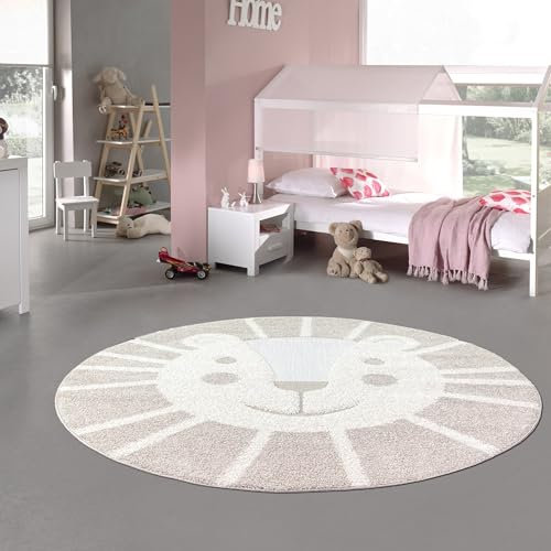 Teppich-Traum Teppich Kinderzimmer 3D-Effekt pflegeleich Allergiker freundlich Löwe Creme braun weiß, 80 cm Rund