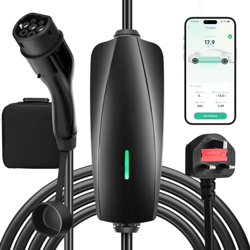EV Charger APP Control 8M, 6-13A Adjustable Current, 0-48 Hours Delayed Charging, Max. 3.3kW EV Charger Cable Type 2 to 3 Pin Plug, IP65 Waterproof Electric Car Charger for EVs and PHEVs