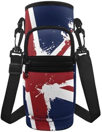 Nopersonality The Union Jack Water Bottle Holder with Pockets Durable Water Bottle Protector Portable Water Bottle Bag and Adjustable Shoulder Strap Gift for Girls Boys