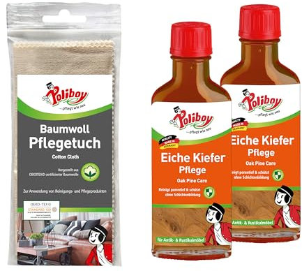POLIBOY Eiche Kiefer Pflege - Holzpflege für Antik- und Rustikalmöbel - Auffrischende Holzpolitur - 2x 100 ml - Mit Baumwolltuch - Made in Germany