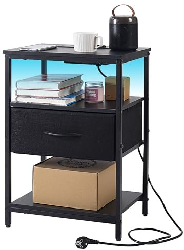asabbil Table de Nuit avec lumière LED, Table d'appoint avec Station de Charge, 1 tiroir de Rangement, Table de Chevet pour Chambre à Coucher, Salon, 2 Ports USB, Noir BW22121