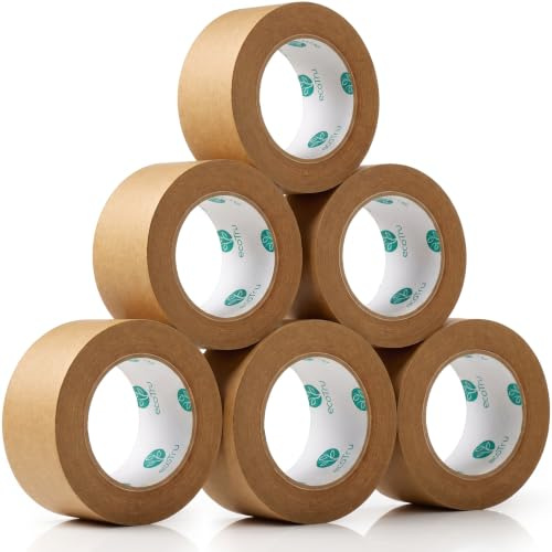 ecotru Ultra Strong Kraft Paper Packing Tape, 6 Rolls Heavy Duty Bulk Pack for Parcels Business & Office Use, Fast & Secure Sealing Shipping & Masking, Eco Non-Coated & Biodegradable, 2In x 44Yrd