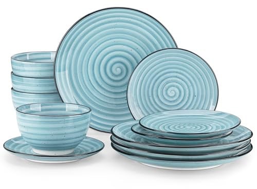 vancasso Bonbon Dinner Set, 12-Pieces Dinner Set for 4, Double-Sided Handpainted Swirls Plates and Bowls Set, Include Dinner Plates, Dessert Plates and Cereal Bowl, Blue