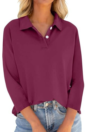 Top Damen Tops Basic 3/4 Arm Poloshirt Elegant Fall Fall Langarmshirt Kragen Polo Shirt Office Langarm Business Outfit Langarmshirts Für Damen Workout Set Leinenhemd Netz (1-Wein,3XL)