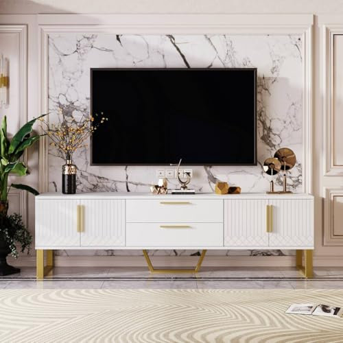 Meuble TV L 170 x l 40 x H 53 cm avec plan de travail, armoire de salon avec socle, armoire de rangement avec poignées dorées, matériau MDF (blanc)