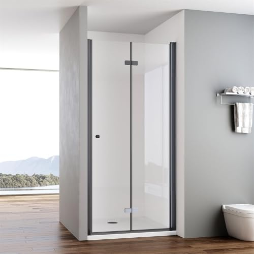 IMPTS Duschtür Faltbar 90cm Schwarz Falttür Nische Nischentür Höhe 185cm | Rahmenlos Dusche Duschkabine Duschabtrennung 6mm ESG Klares Sicherheitsglas
