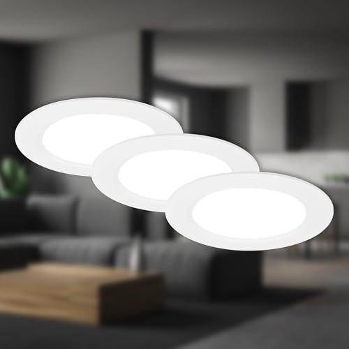BRILONER - 3er Set LED Einbaustrahler 230V flach, neutralweißes Licht, je 6W 660lm, LED Spot, Deckenspots, Spots 230V, Einbauleuchten, Einbauspots, Deckenstrahler, 68mm, 120x28mm (DxH), Weiß