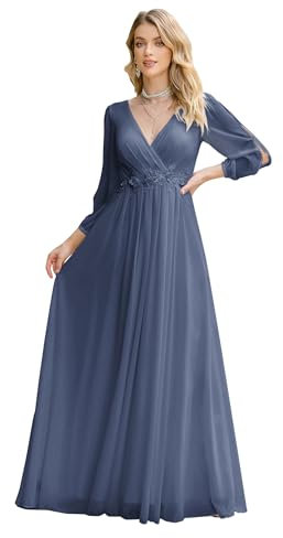 MisShow Women's Plus Mother of The Wedding Guest Dress A line Chiffon Lace Long Sleeve V Neck Long Wedding Guest Dress Dusty Blue 20