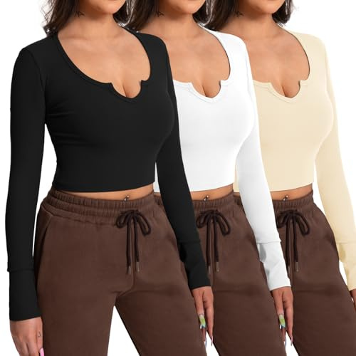 EBANKU 3 Pieces Womens Sexy Long Sleeve Crop Tops V Neck Ribbed T-Shirt Slim Fit Casual Basic Tops Black,White,Beige