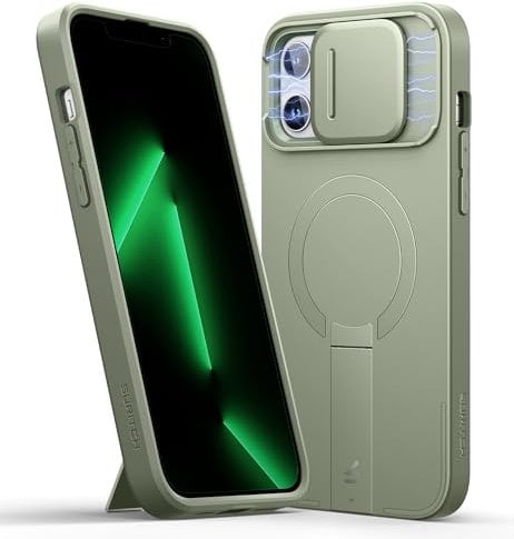 SURITCH Magnetic Case Compatible with iPhone 12 pro max/13 pro max, Shockproof Protective Cover with Slide Camera Cover and Adjustable Kickstand(Green)