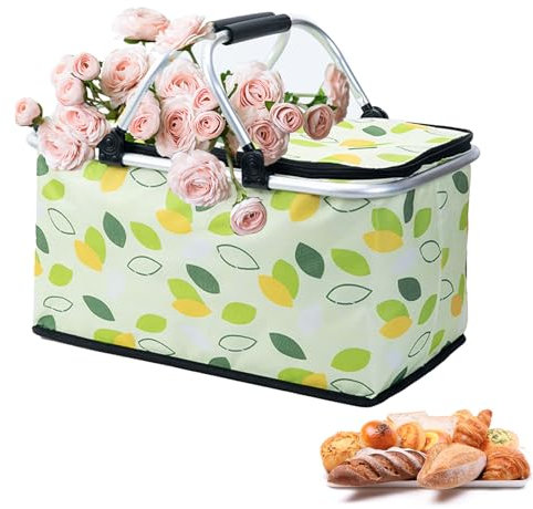 26L Kühlkorb Einkaufskorb, Faltbarer Einkaufskorb mit Deckel Isolierte Picknickkorb mit Gepolsterten, Tragekorb mit Henkel für Picknicks Im Freien, Einkaufen, Camping (Grün)