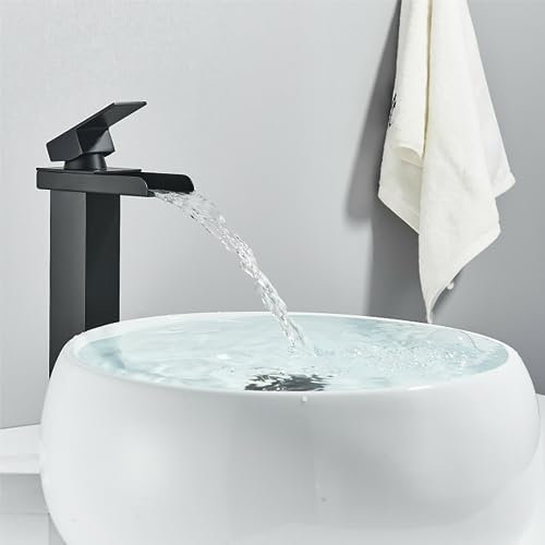 XWIHTR Robinet de salle de bain en cascade, robinet de salle de bain en acier inoxydable et laiton, économie d'eau, robinet d'évier, bouche chaude et froide, robinet d'évier à une poignée (noir-h)