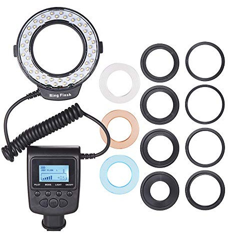 Juroupi HD-130 Macro LED Ring Flash Light LCD Display 3000-15000K GN15 Power Control with 3 Flash Diffusers 8 Adapter Rings for Cameras