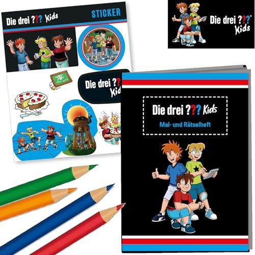 Mitgebsel-Set * DIE DREI ??? KIDS * mit Mal- und Rätselheft, 8 Sticker und 4 Buntstiften | perfekt als Mitgebsel oder Geschenk | Malbuch Malen Malblock Kinder Fragezeichen Detektive Jungen