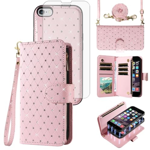 Compatible with iPhone 6 6s Wallet Case Zipper Detachable Cell and Screen Protector Strap Bling Glitter Flip Card Holder Slot Phone Cover for iPhone6 Six i6 S iPhone6s i Phone6s Women Girls Pink