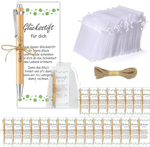 24 Sets Glücksstift Kugelschreiber Geschenke für Kollegen, Dankeschön Geschenke mit Karte Holz Kugelschreiber Säcke Bindfaden, Glücksbringer Prüfung Bestehen Abschied für Lehrer Mitarbeiter Kollegen