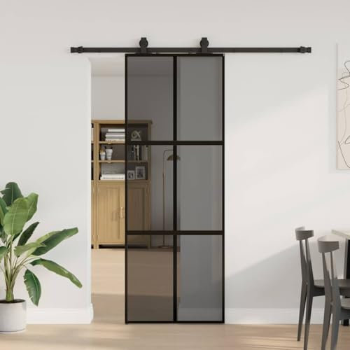 Brokky 3375826 Porta Scorrevole Set Ferramenta Nera 76x205 cm Vetro Temperato Porta Scorrevole Esterno,Porta Interna Scorrevole per Bagno Cucina Studio