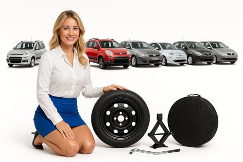 Generico Ruotino di scorta Compatibile per/con Fiat Panda, Panda Cross, Stilo, 500, 500e, Bravo, Idea, Fiorino, Ypsilon, Musa 15 pollici 4fori con cric + chiave + sacca rotonda