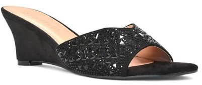 ESSEX GLAM Women's Wedge Heel Sandals Ladies Jewel Diamante Square Peep Toe Party Heeled Mule Shoes Size 3-8