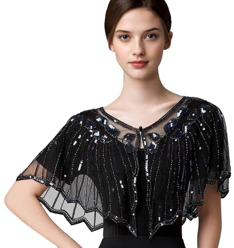 NICENEEDED Vintage 1920s Damen Schal Wraps Flapper Abendschals Mit Pailletten Und Perlen Schwarzer Halbtransparenter Brautschal Bolero Für Formelle Partys Hochzeiten Harlem Night