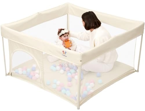 Laufstall für Babys Klappbar 127x127 cm | Tragbarer Spielstall mit Atmungsaktiven Mesh-Wänden & Sicherheitsverschluss, Indoor Spielgehege (Beige)