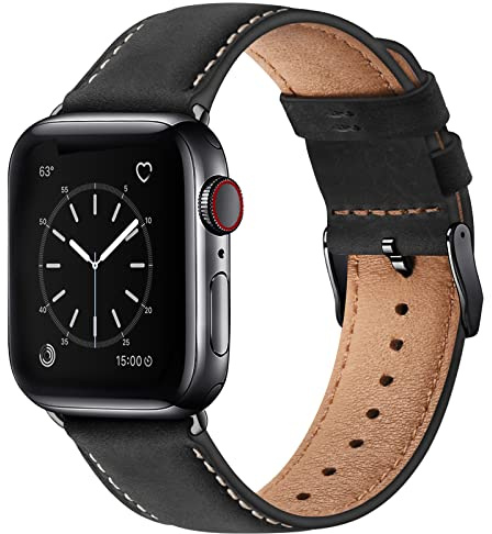 WFEAGL Compatible avec Bracelet Apple Watch 40mm 41mm 38mm 42mm(Séries 11 10), Bracelet de Cuir Véritable Remplacement pour iWatch Séries 11 10 9 8 7 6 5 4 3 2 1/SE/Ultra(Noir/Noir)