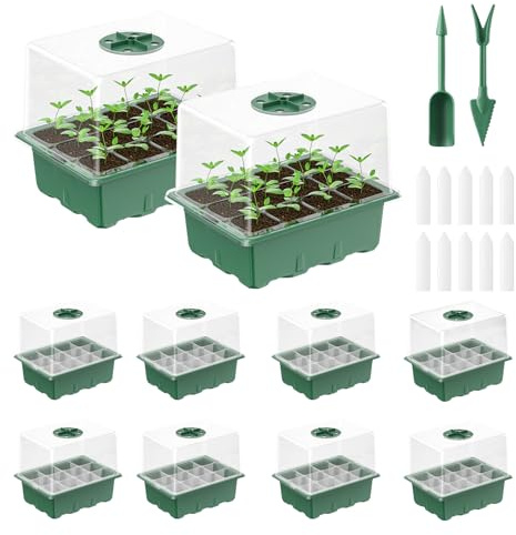 Pawfly 10 Pack Seed Starter Kit, 120 Cells, Seed Starter Trays with 10 CM Humidity Domes, Planting Tools & Labels, Indoor Seedling Starter Trays, Reusable Plant Germination Trays, Seed Starting Trays