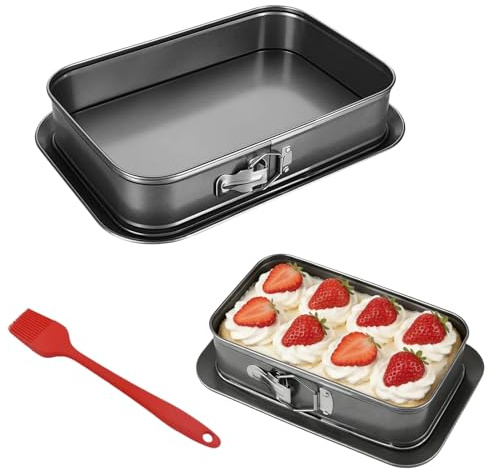 ASOUUNLD Springform Rechteckig 33x24 cm Backform Eckig mit Abnehmbarem Boden Antihaft Kuchenform aus Kohlenstoffstahl Käsekuchenform für Tiramisu Pizza Käsekuchen inkl. Silikonpinsel für Hausbäcker