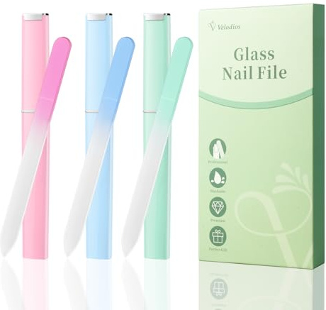 Velodios Glass Nail File for Natural Nails | 3 Pack Crystal Glass Fingernail File with Case, Double-Sided Etched, Washable Reusable Glass Files for for Women or Adults