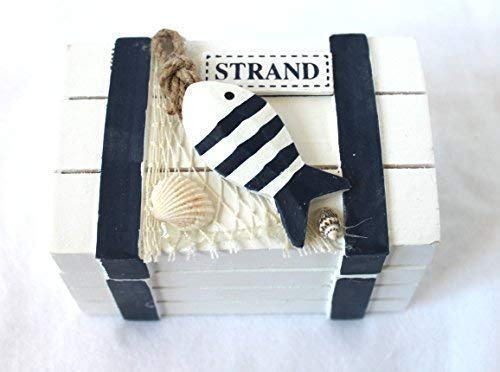 Holzdekoration Holz-Truhe Strand Blau-Weiss 11 x 7 x 7 cm Box mit Holzfisch
