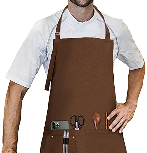 LessMo Schürze, Grillschürze und Kochschürze in Profiqualität mit verstellbarem Nackenriemen Und Mit Zwei Taschen, aus 100% Baumwolle 70 x 85 cm (Kaffee)