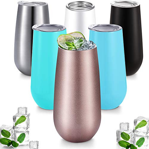 Maxdot Lot de 6 flûtes à champagne sans pied à double isolation avec lèvres en acier inoxydable pour café, vin (multicolore, 177 ml)