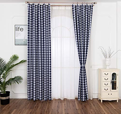Yaland Home Fashion Dekoschal Karo Vorhang gardinen Modern Kariert Scheibengardine Gingham Vorhänge mit Kräuselband (BxH 100x150cm,blau) 1 Stück