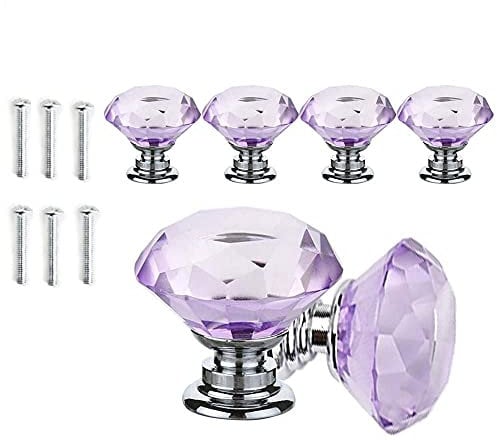 ANSIEDIO 6 Piezas 30mm Pomos de Cristal Púrpura Tiradores de Cristal Aleación de Zinc Diamante Pomos y Tiradores para Alacena Baño Cocina Gabinetes