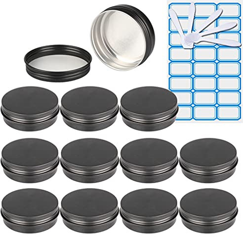 ZEOABSY 10 Pezzi Barattoli di alluminio 60ml a Vite Nero Opaco Scatola in Alluminio Forma Rotondo, Vasetti per DIY Candele Cosmetico Caramella Gadget Balsamo Labbra, 1x Etichette e 5x Spatola