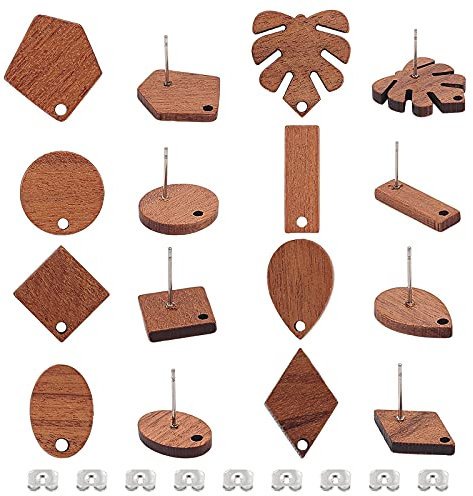 OLYCRAFT 16 Paar Harz Holz Ohrring Anhänger Ohrstecker Zubehör Walnussholz Ohrstecker Mit 32 Stück Eisenohrmuttern Vintage Walnussholz Ohrring Zubehör Für Ohrring Schmuckherstellung Dekoration