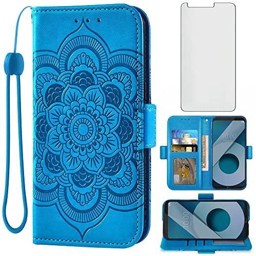 Asuwish Handyhülle für LG Q6/Q6 Plus/Mini Hülle mit Glas Folie Schutzfolie Kartenfach Klappbar Leder Geldbörse Ständer Q6+ Alpha Prime Handy Hüllen Mandala Schutzhülle Handyhüllen Phone Case Blau
