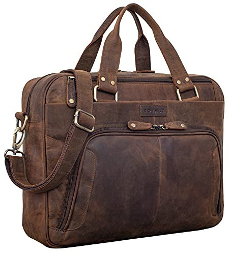 ROYALZ 'Chicago' Leder Umhängetasche Herren Laptoptasche 15,6 Zoll Messenger Bag Ledertasche groß Aktentasche Vintage Businesstasche für Männer Echtleder, Farbe:Nevada braun