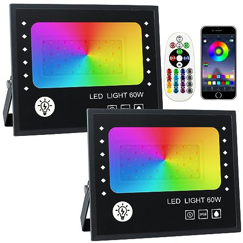 Projecteur LED Couleur,OUSIDE 60W Projecteur LED RGB Exterieur,IP66 Etanche L'APP Bluetooth change 16 millions de couleurs RGB Floodlight Pour le Jardin, la terrasse, l'éclairage Interieur(2 unités)