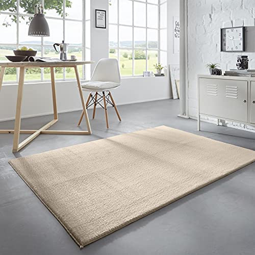 Taracarpet Waschbarer Flauschiger Uni Kurzflor Teppich, Anti-Rutsch, Felloptik, Super Soft Creme 240x340 cm