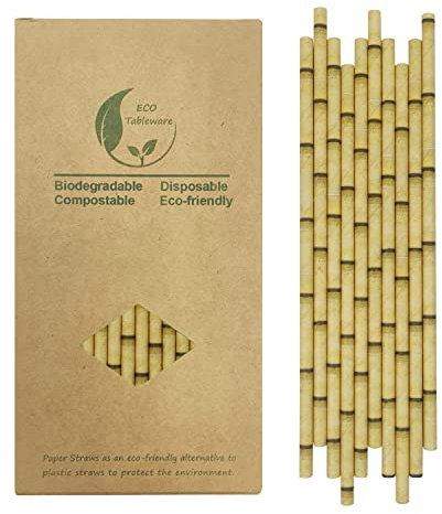 100% Biodégradables Pailles en Papier Bambou Jaune, 100 Pièces Pailles Jetables Yellow Bamboo Printed pour Cocktail, Café, Jus