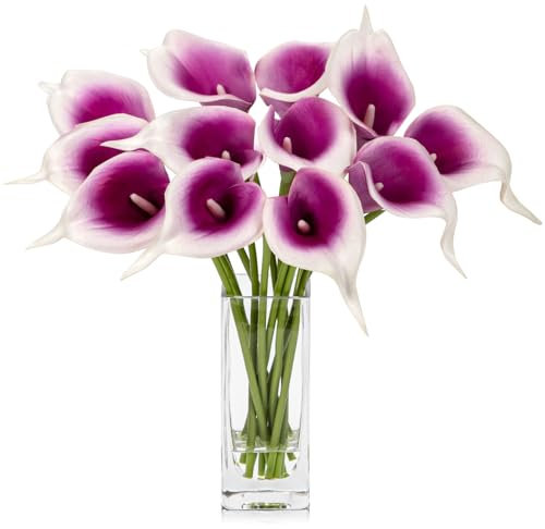 12 pcs Künstliche Blumen Calla Lilie mit Glasvase, Decor Kunstblumen sehr echt, Plastikblumen Calla PU Latex real Touch, Calla Gefälschte Blumen Lila für Hochzeits Party Wohnzimmer Büro Hotel Küche