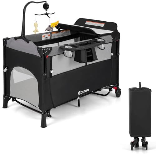 COSTWAY 5-in-1 Babybett 120 x 60 cm, 2 Ebene Reisebett mit Matratze, Wickelauflage, Spielzeuge, Musikbox & Tragetasche, faltbares Beistellbett mobil 4-stufig verstellbar für Baby bis 15 kg (Schwarz)
