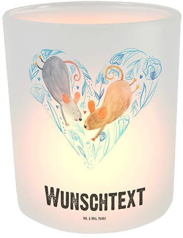 Mr. & Mrs. Panda Personalisiertes Windlicht Mäuse Herz - Personalisierte Geschenke, Geschenk für zwei, Personalisiertes Kerzenglas, Bedrucken,
